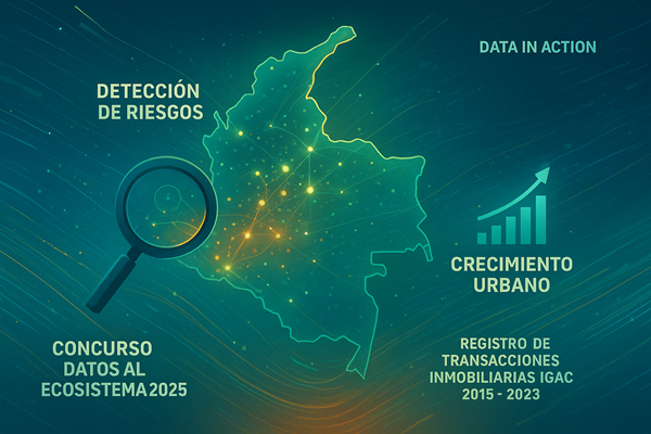 La imagen muestra un afiche moderno con un mapa iluminado de Colombia conectado por nodos de datos. Una lupa destaca zonas de riesgo y un gráfico ascendente simboliza crecimiento urbano. Con colores vibrantes y estilo tecnológico, referencia el Concurso Datos al Ecosistema 2025 y el Registro de Transacciones Inmobiliarias IGAC 2015–2023.