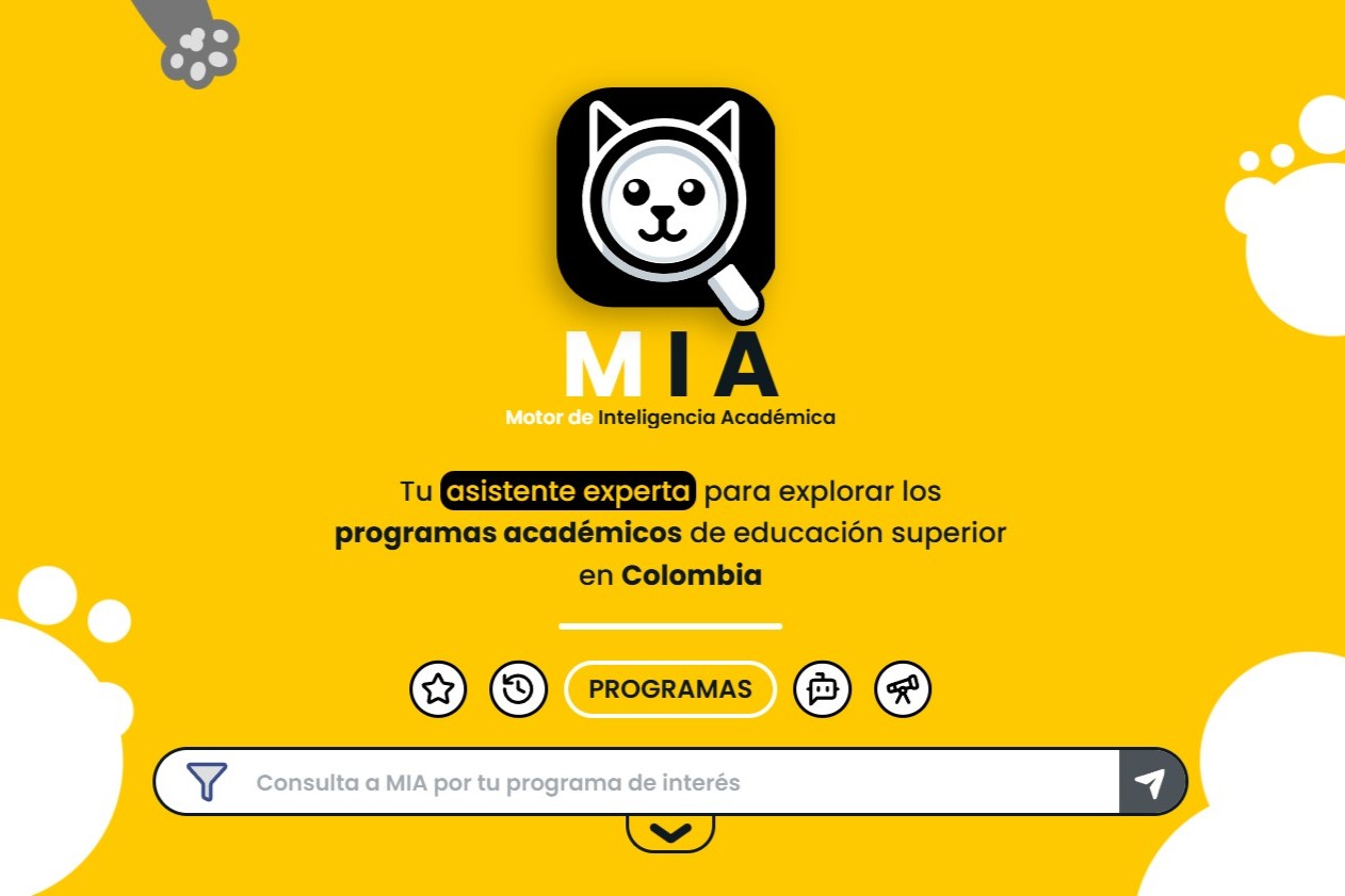 Pantalla principal de MIA, el Motor de Inteligencia Académica: logo de un gato-estudiante con lupa sobre fondo amarillo, acompañado del texto ‘Tu asistente experta para explorar los programas académicos de educación superior en Colombia’. Incluye botón de programas, iconos de navegación y barra de búsqueda para consultar programas de interés