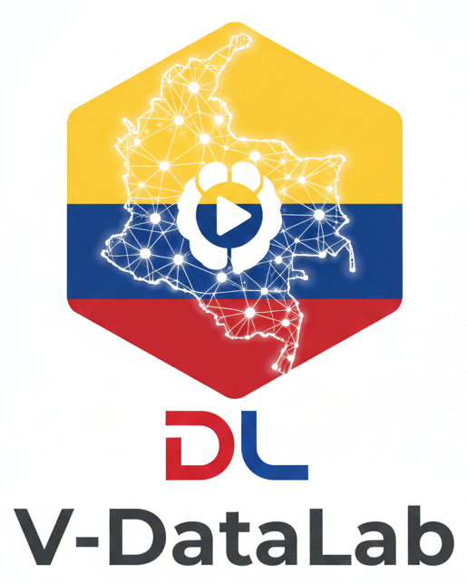 V-DataLab. El diseño hexagonal con los colores de la bandera de Colombia contiene un mapa del país con puntos de datos conectados (red neuronal) y un cerebro con un icono de 'play', simbolizando aprendizaje con IA sobre el desplazamiento forzado.