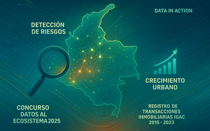 La imagen muestra un afiche moderno con un mapa iluminado de Colombia conectado por nodos de datos. Una lupa destaca zonas de riesgo y un gráfico ascendente simboliza crecimiento urbano. Con colores vibrantes y estilo tecnológico, referencia el Concurso Datos al Ecosistema 2025 y el Registro de Transacciones Inmobiliarias IGAC 2015–2023.