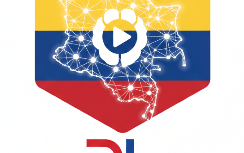 V-DataLab. El diseño hexagonal con los colores de la bandera de Colombia contiene un mapa del país con puntos de datos conectados (red neuronal) y un cerebro con un icono de 'play', simbolizando aprendizaje con IA sobre el desplazamiento forzado.