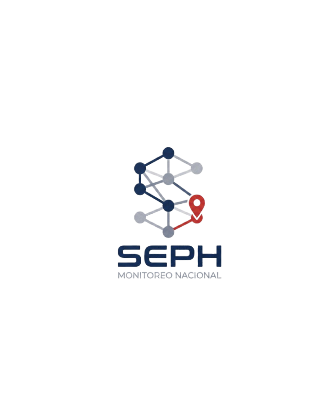 Isologo de SEPH Monitoreo Nacional formado por una red geométrica en forma de S con nodos azules y grises, un pin de ubicación rojo y tipografía en azul oscuro sobre fondo blanco.
