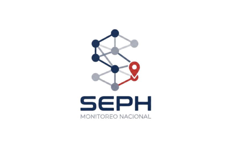 Isologo de SEPH Monitoreo Nacional formado por una red geométrica en forma de S con nodos azules y grises, un pin de ubicación rojo y tipografía en azul oscuro sobre fondo blanco.